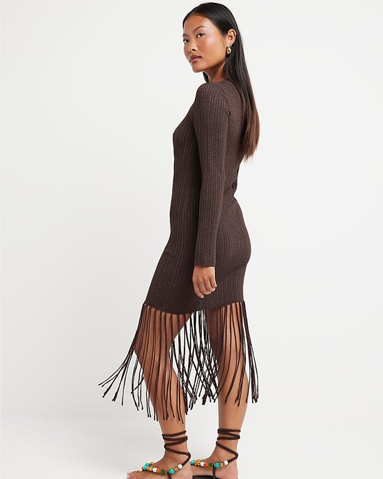 River Island Womens Midi Dress Petite Brown Metallic Fringe - Image 3
