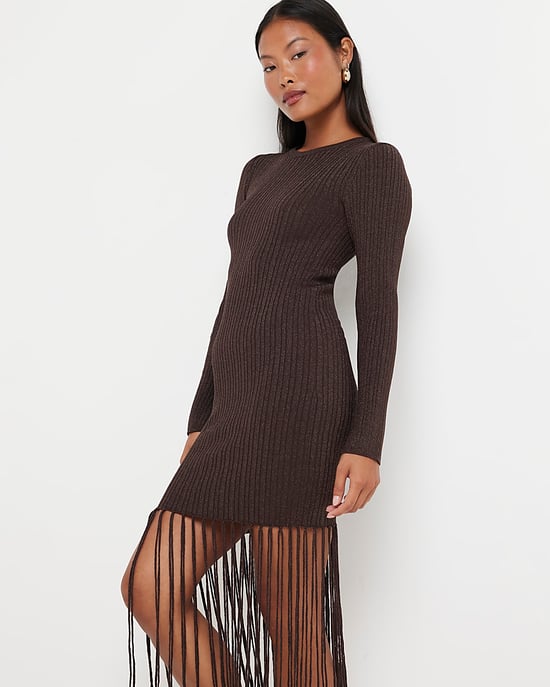 River Island Womens Midi Dress Petite Brown Metallic Fringe - Image 5