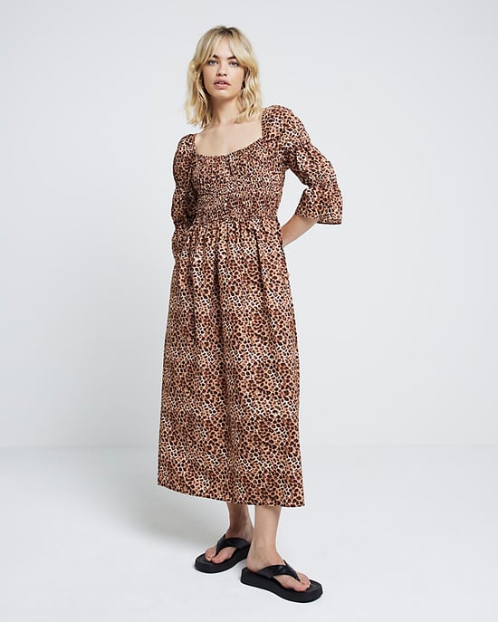 River Island Womens Midi Smock Dress Brown Leopard Print Shirred - Image 1