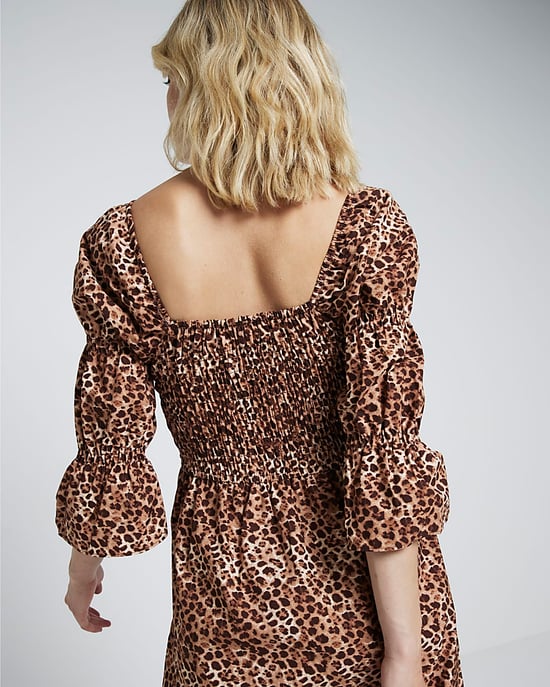 River Island Womens Midi Smock Dress Brown Leopard Print Shirred - Image 3