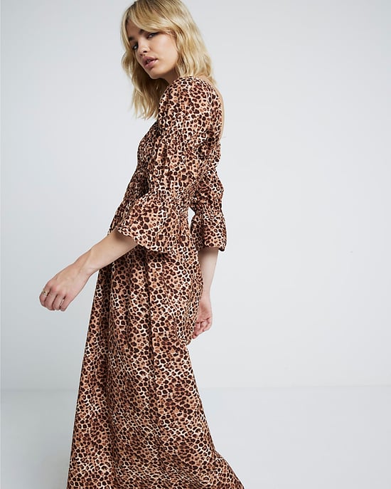 River Island Womens Midi Smock Dress Brown Leopard Print Shirred - Image 5