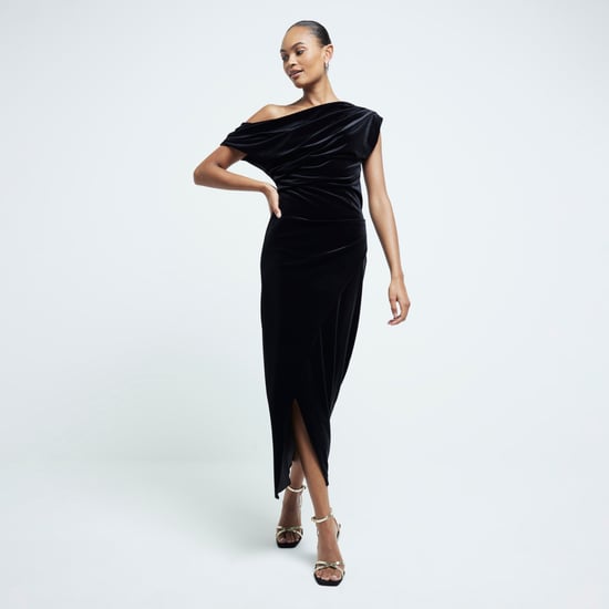 River Island Womens Midi Dress Black Velvet Drape - Image 1
