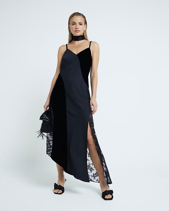 River Island Womens Midi Slip Dress Black Satin Velvet And Lace - Image 1