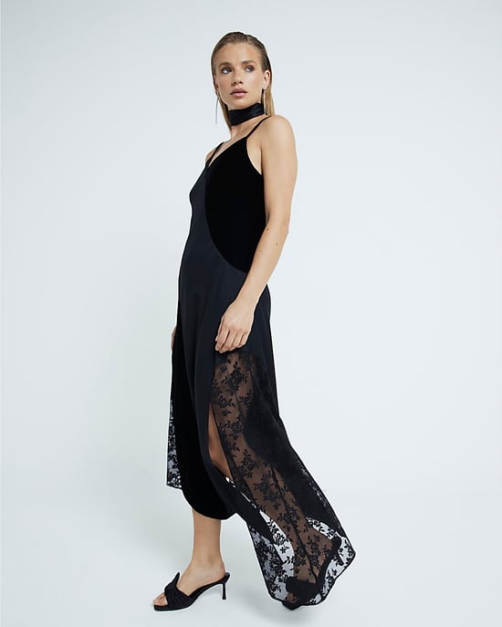 River Island Womens Midi Slip Dress Black Satin Velvet And Lace - Image 2