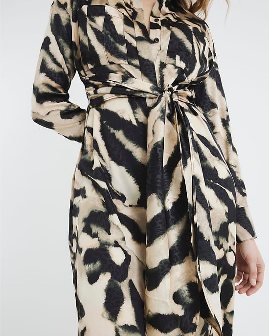River Island Womens Midi Shirt Dress Cream Long Sleeve Tie Zebra - Image 2