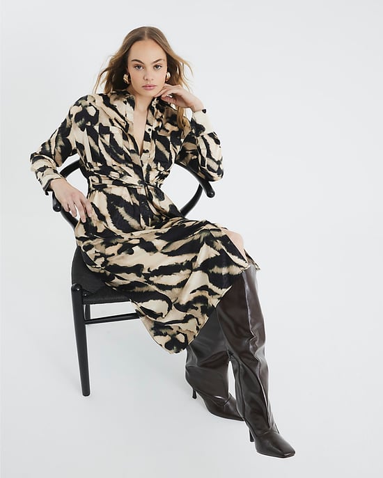 River Island Womens Midi Shirt Dress Cream Long Sleeve Tie Zebra - Image 5