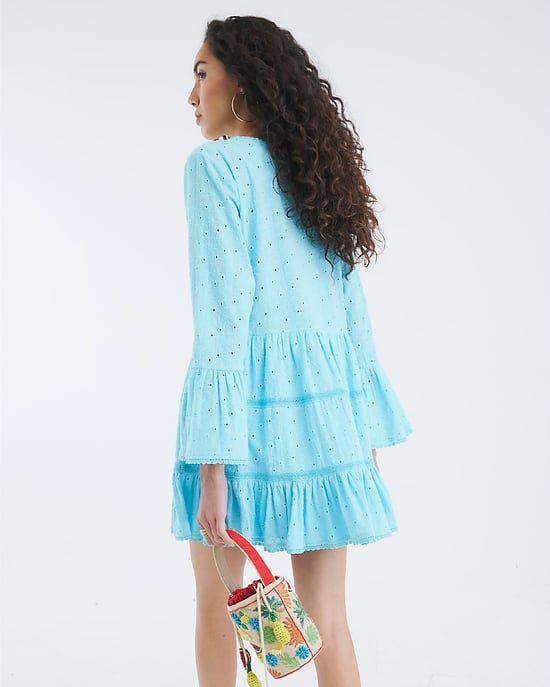 River Island Womens Beach Mini Dress Blue Broderie Long Sleeve - Image 4