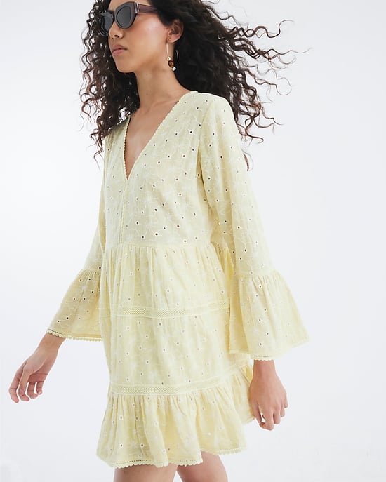 River Island Womens Beach Mini Dress Yellow Broderie Long Sleeve - Image 2