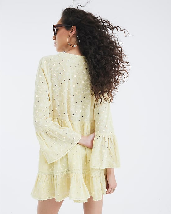 River Island Womens Beach Mini Dress Yellow Broderie Long Sleeve - Image 3