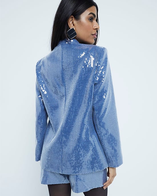 River Island Womens Blazer Petite Blue Sequin Collarless - Image 4