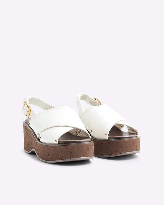River Island Womens Wedge Sandals White Wide Fit Cross Strap - Image 1