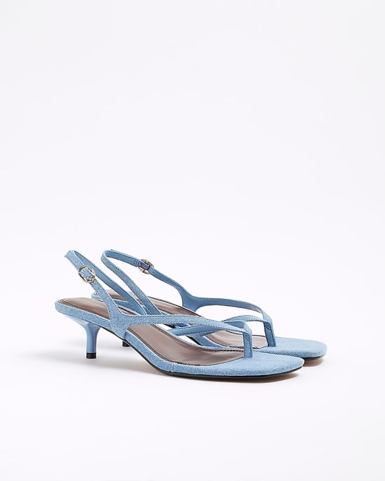 River Island Womens Heeled Sandals Blue Denim Toe Thong - Image 1