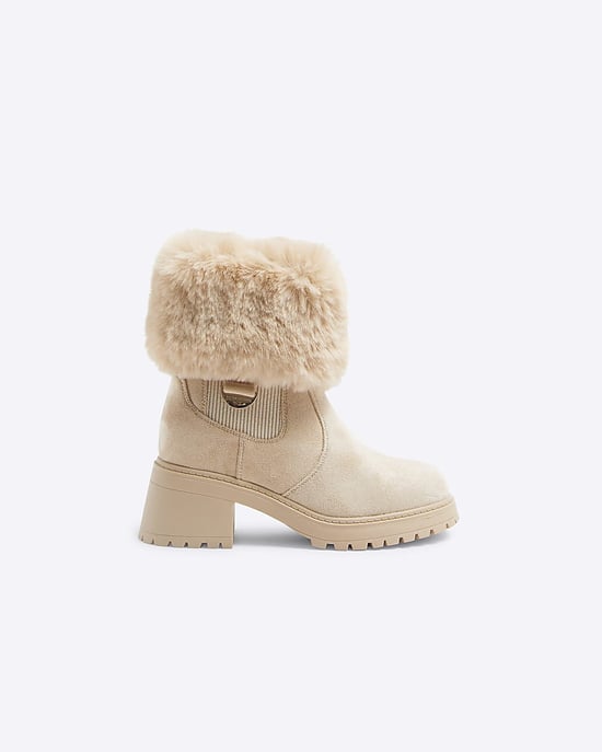 River Island Girls Heeled Boots Beige Faux Fur Cuff - Image 2