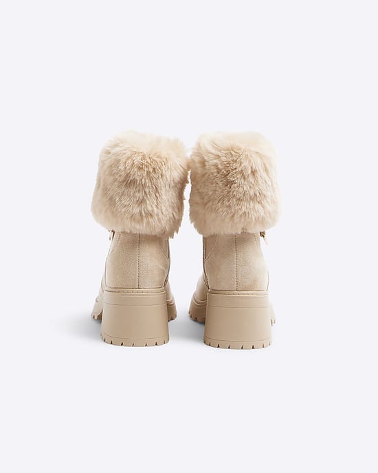River Island Girls Heeled Boots Beige Faux Fur Cuff - Image 3