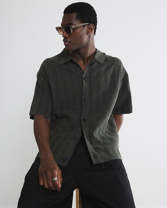 River Island Mens Shirt Khaki Boxy Fit Ribbed Boucle - Image 2