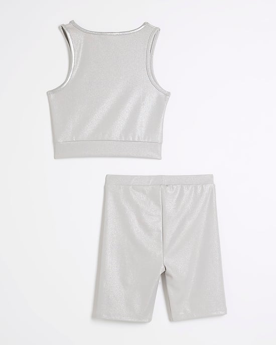 River Island Girls Asymmetric Vest & Shorts Set Silver Ri Active - Image 2