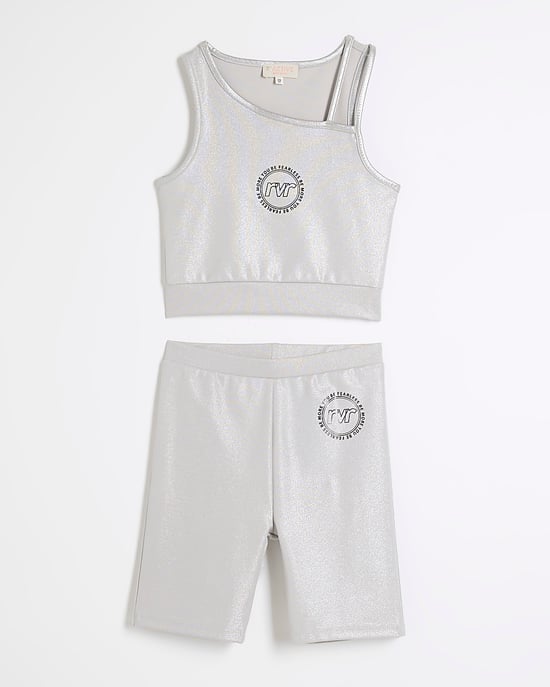 River Island Girls Asymmetric Vest & Shorts Set Silver Ri Active - Image 5