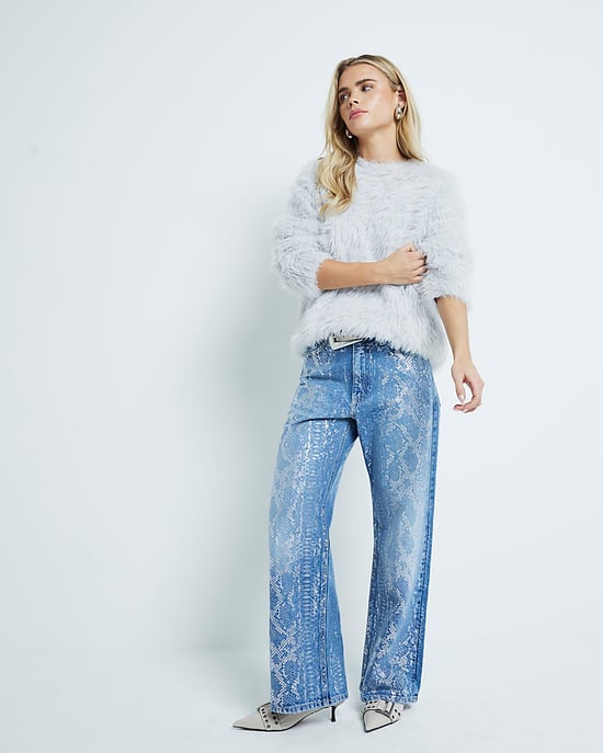River Island Womens Straight Jeans Petite Blue Relaxed Snake - Image 1