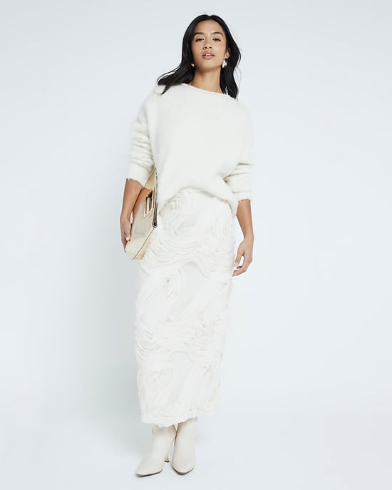 River Island Womens Midi Pencil Skirt Petite Cream 3D Texture - Image 1