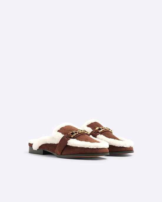 River Island Womens Mules Brown Faux Fur - Image 1