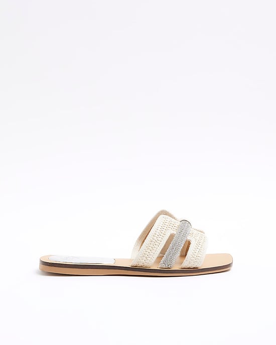 River Island Womens Flat Sandals Beige Raffia Diamante - Image 2