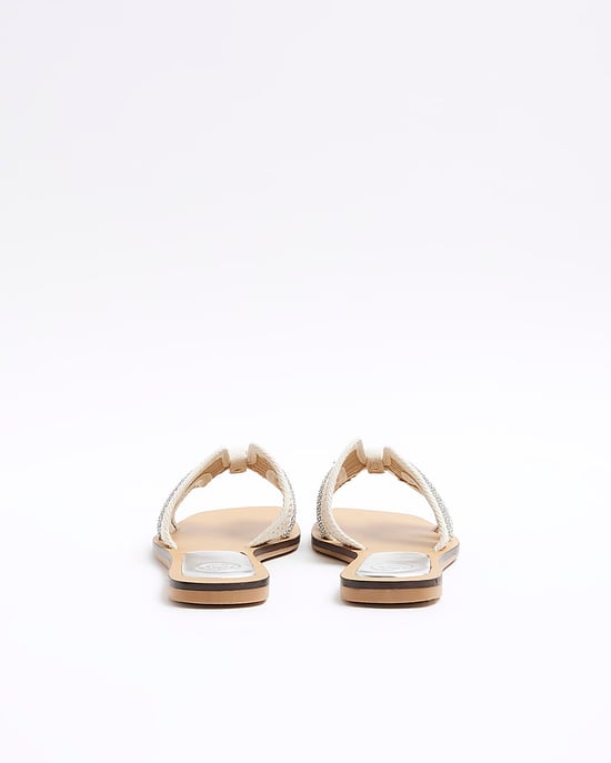 River Island Womens Flat Sandals Beige Raffia Diamante - Image 3