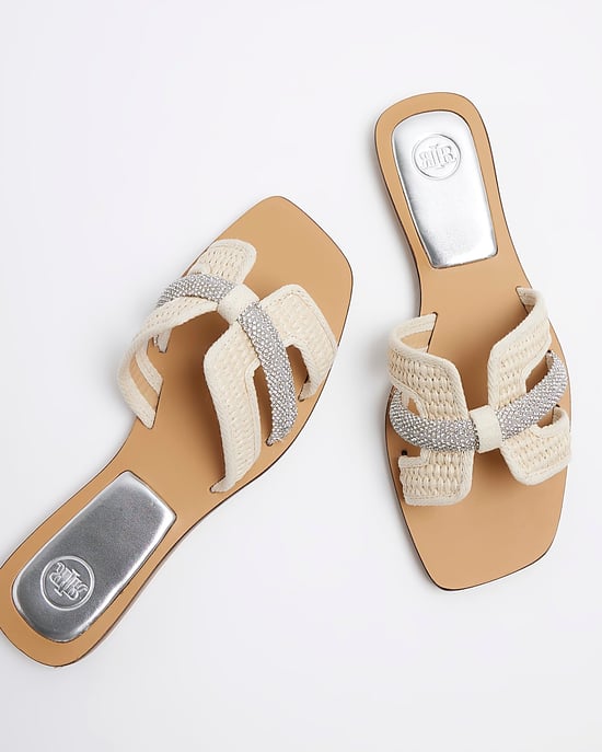 River Island Womens Flat Sandals Beige Raffia Diamante - Image 4