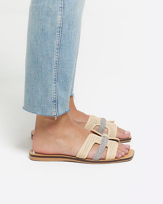 River Island Womens Flat Sandals Beige Raffia Diamante - Image 5