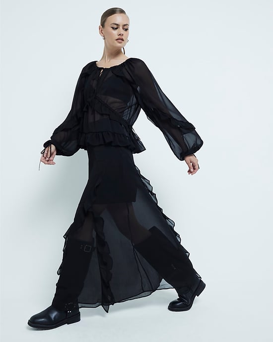 River Island Womens Maxi Skirt Black Chiffon Ruffle - Image 1
