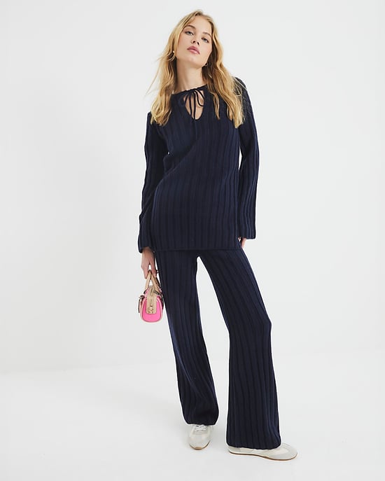 River Island Womens Flared Trousers Navy Ribbed - Image 1