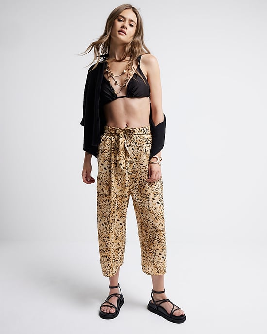 River Island Womens Crop Wide Leg Trousers Brown Leopard Print - Image 1
