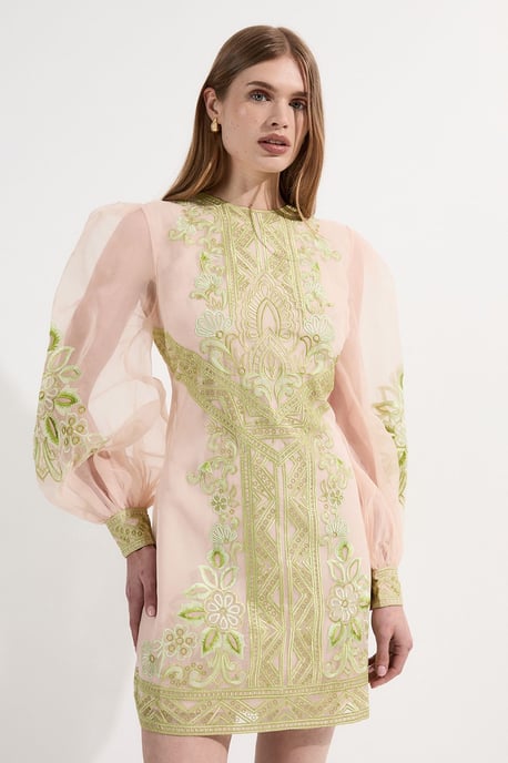 Petite Embroidered Organdie Balloon Woven Mini Dress - Image 1