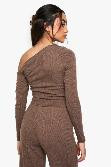 Rib Asym Neckline Ruched Long Sleeve Top - Image 2