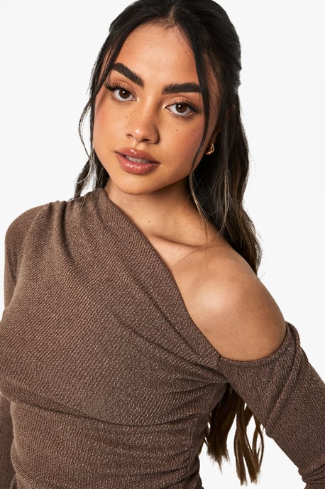 Rib Asym Neckline Ruched Long Sleeve Top - Image 4