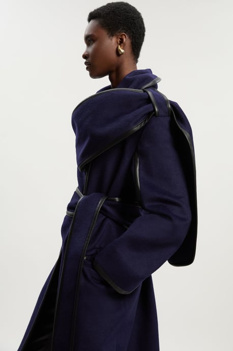Brushed Wool Pu Mix Scarf Neck Belted Tailored Maxi Coat - Image 1