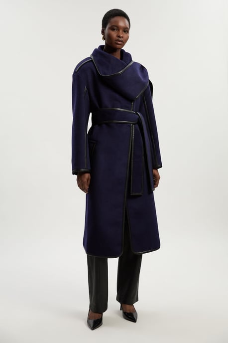 Brushed Wool Pu Mix Scarf Neck Belted Tailored Maxi Coat - Image 2