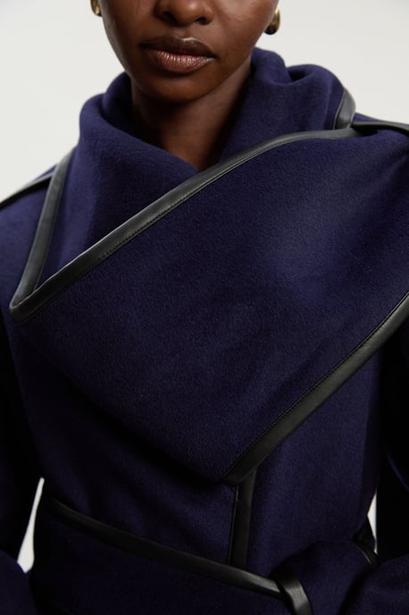 Brushed Wool Pu Mix Scarf Neck Belted Tailored Maxi Coat - Image 3