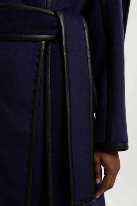 Brushed Wool Pu Mix Scarf Neck Belted Tailored Maxi Coat - Image 4