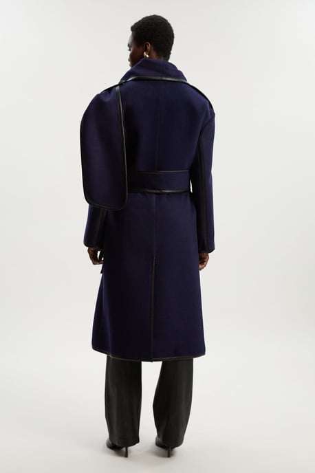 Brushed Wool Pu Mix Scarf Neck Belted Tailored Maxi Coat - Image 5