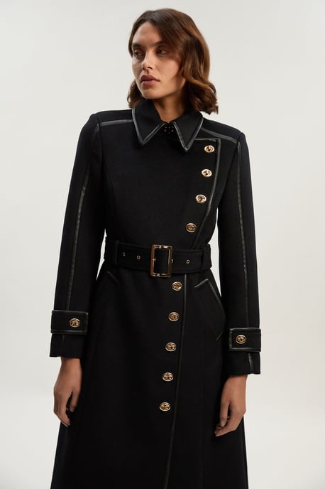 Brushed Wool Pu Mix Gold Trim Belted Midi Coat - Image 2