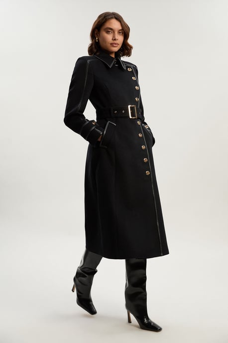 Brushed Wool Pu Mix Gold Trim Belted Midi Coat - Image 3