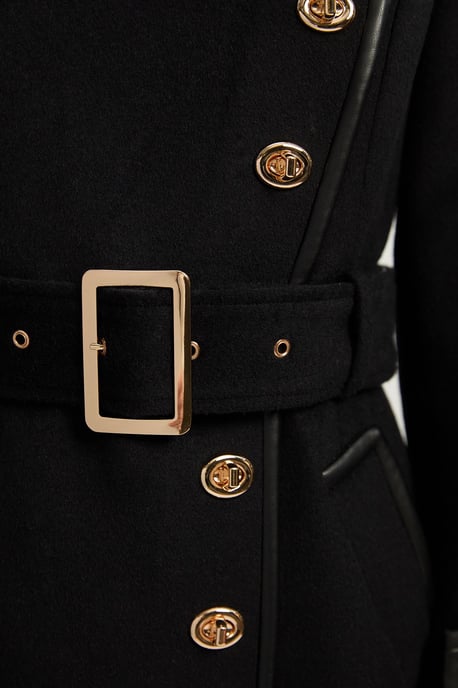 Brushed Wool Pu Mix Gold Trim Belted Midi Coat - Image 4