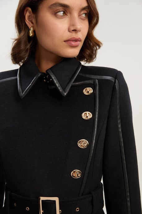 Brushed Wool Pu Mix Gold Trim Belted Midi Coat - Image 5