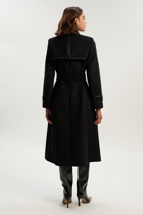 Brushed Wool Pu Mix Gold Trim Belted Midi Coat - Image 6