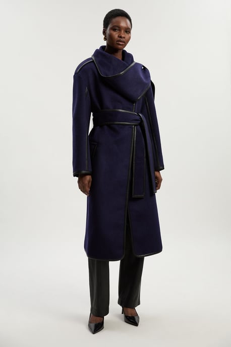 Tall Brushed Wool Pu Mix Scarf Neck Belted Tailored Maxi Coat - Image 1