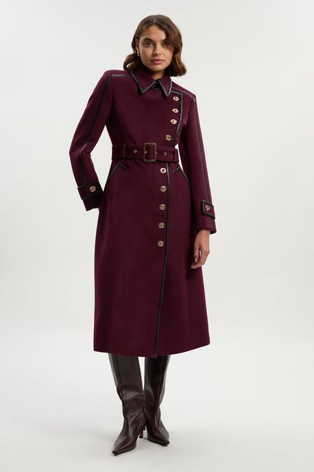 Brushed Wool Pu Mix Gold Trim Belted Midi Coat - Image 1