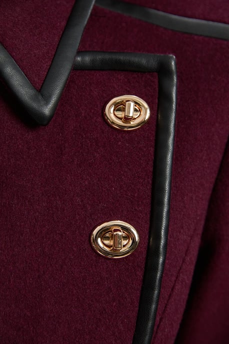 Brushed Wool Pu Mix Gold Trim Belted Midi Coat - Image 2