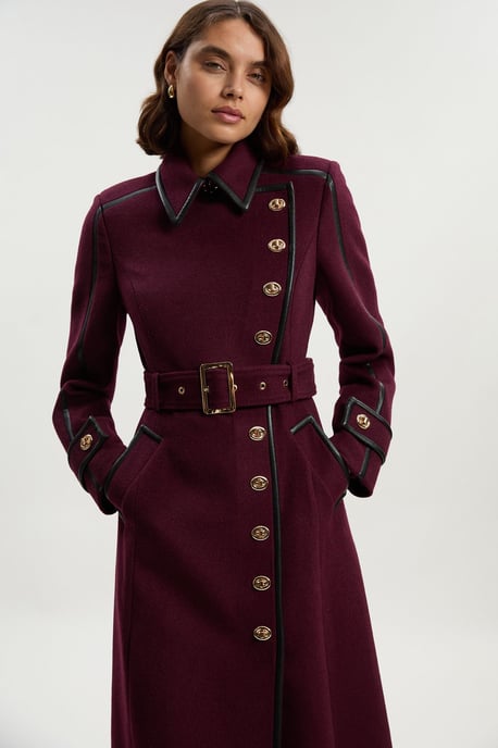 Brushed Wool Pu Mix Gold Trim Belted Midi Coat - Image 3