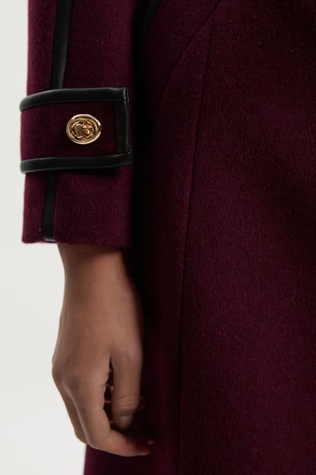 Brushed Wool Pu Mix Gold Trim Belted Midi Coat - Image 4