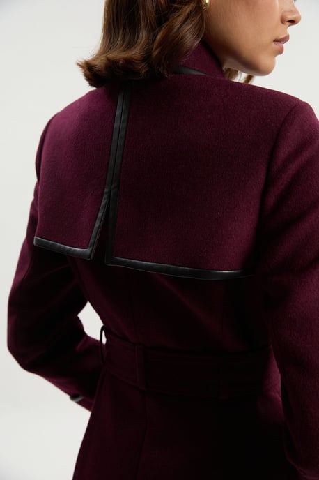 Brushed Wool Pu Mix Gold Trim Belted Midi Coat - Image 5